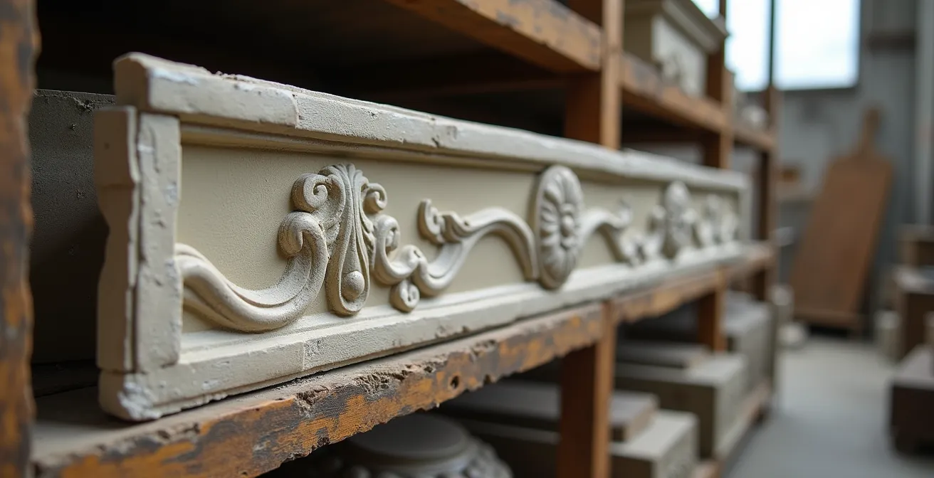 Rows of salvaged Victorian plaster moldings in an architectural salvage warehouse