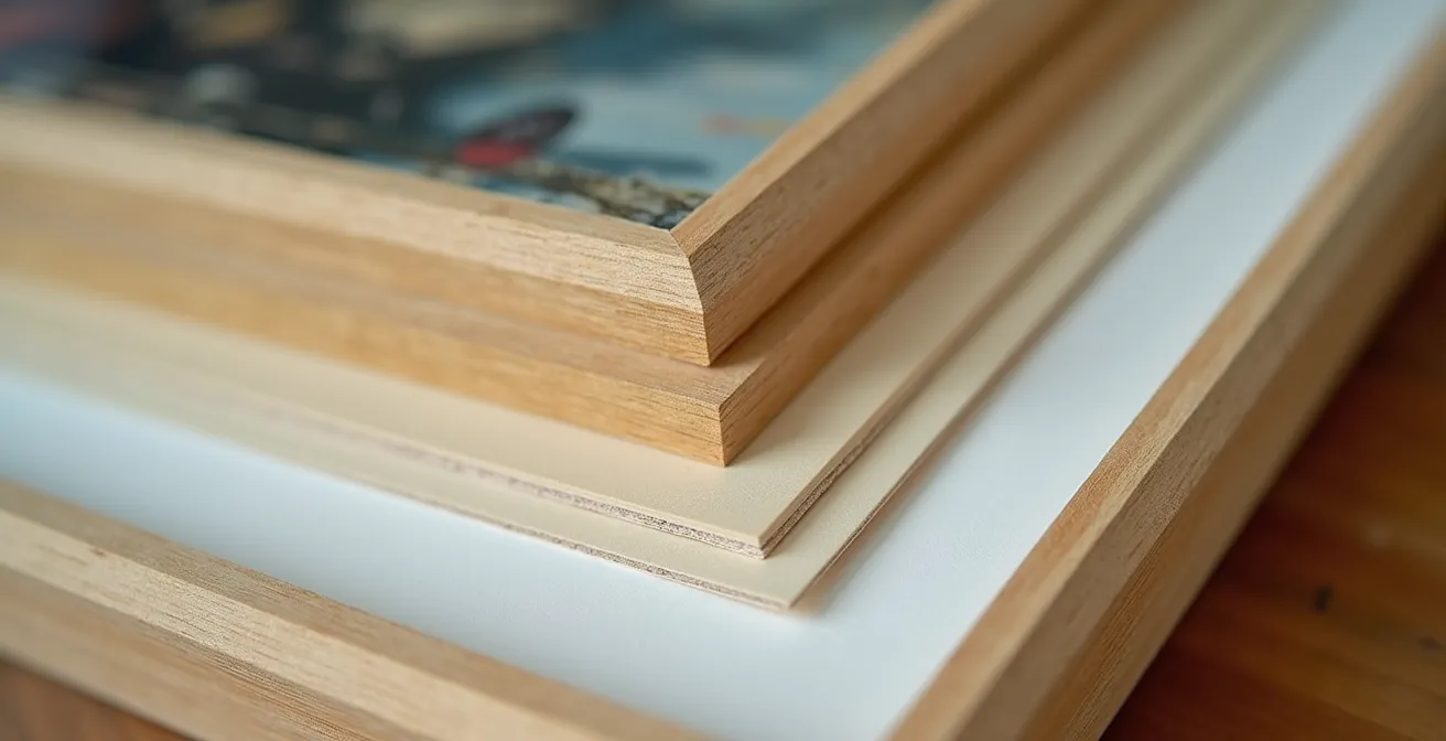 Extreme close-up of archival framing materials showing layers and spacing