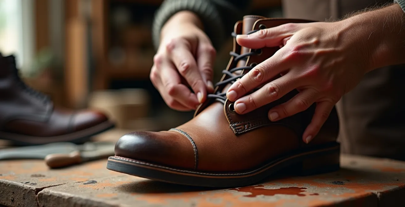 Hands demonstrating professional circular motion technique for applying leather conditioner to boots