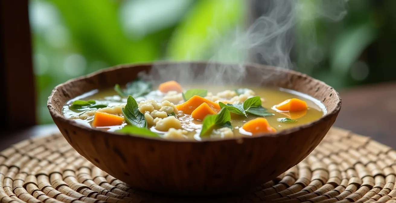 Traditional Balinese cooked vegetables and warm soup served in coconut bowls on bamboo mat