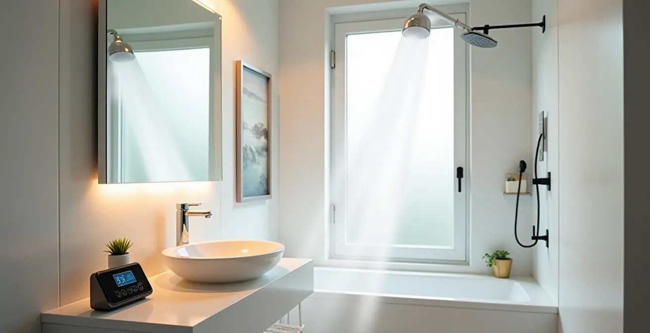 Wide angle view of modern bathroom showing exhaust fan installation and humidity monitoring setup
