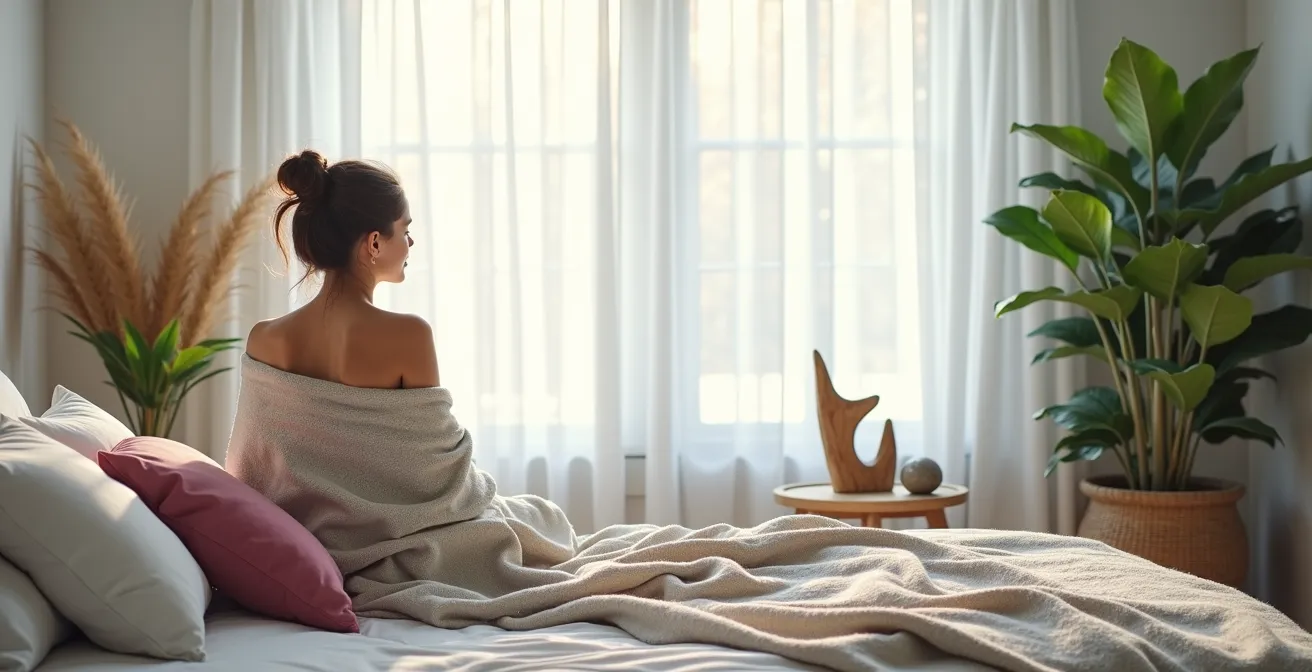 Serene bedroom featuring biophilic design with natural color palette inspired by misty beach tones