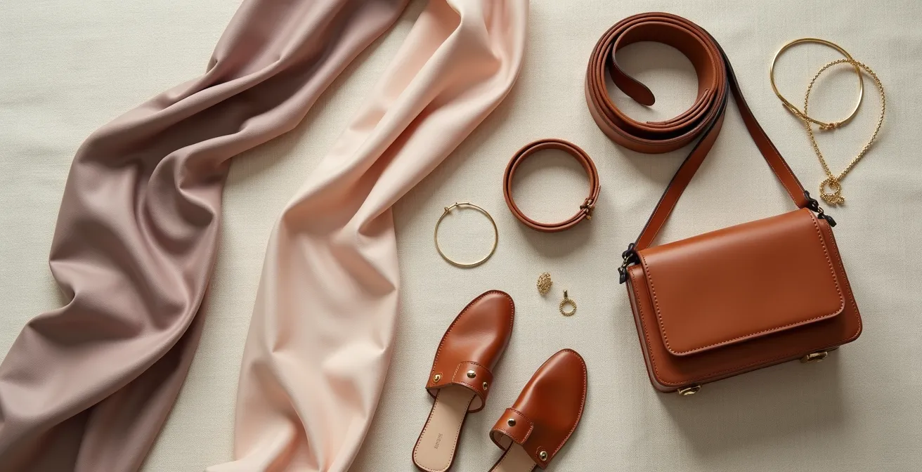 Artistic flat lay of versatile accessories including scarves, belts, and minimal jewelry