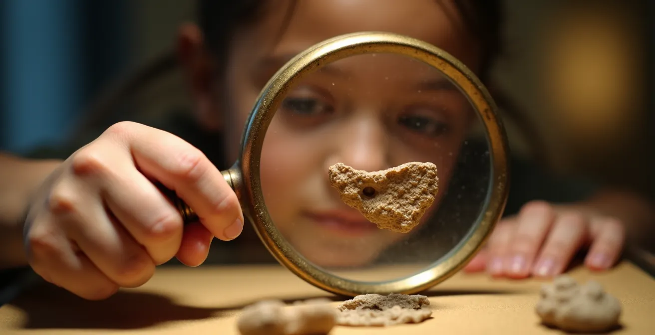 Young explorer examining ancient artifact closely in museum setting