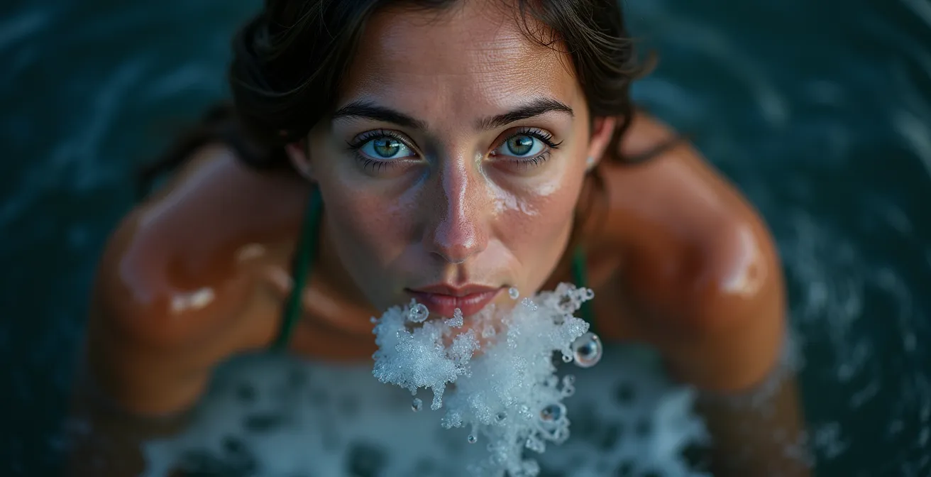 Close-up of person practicing controlled breathing during cold water immersion