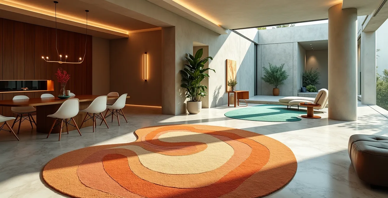 Open-plan living space showing seamless color transition using gradient technique from warm to cool zones