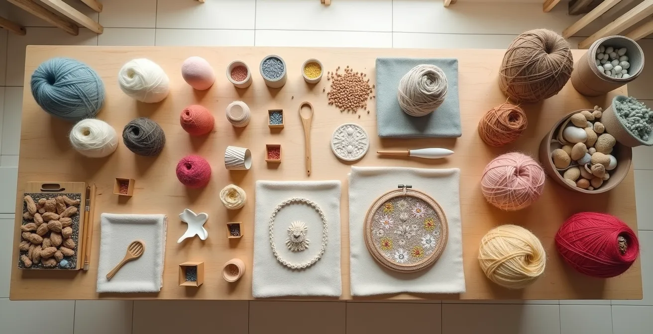 Overview of different craft materials laid out on a wooden table showing various complexity levels