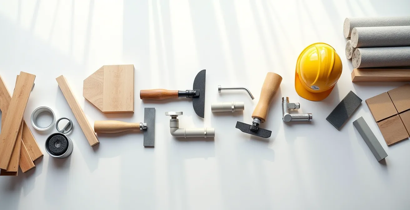 Visual representation of construction scheduling critical path method showing a sequence of tools and materials.
