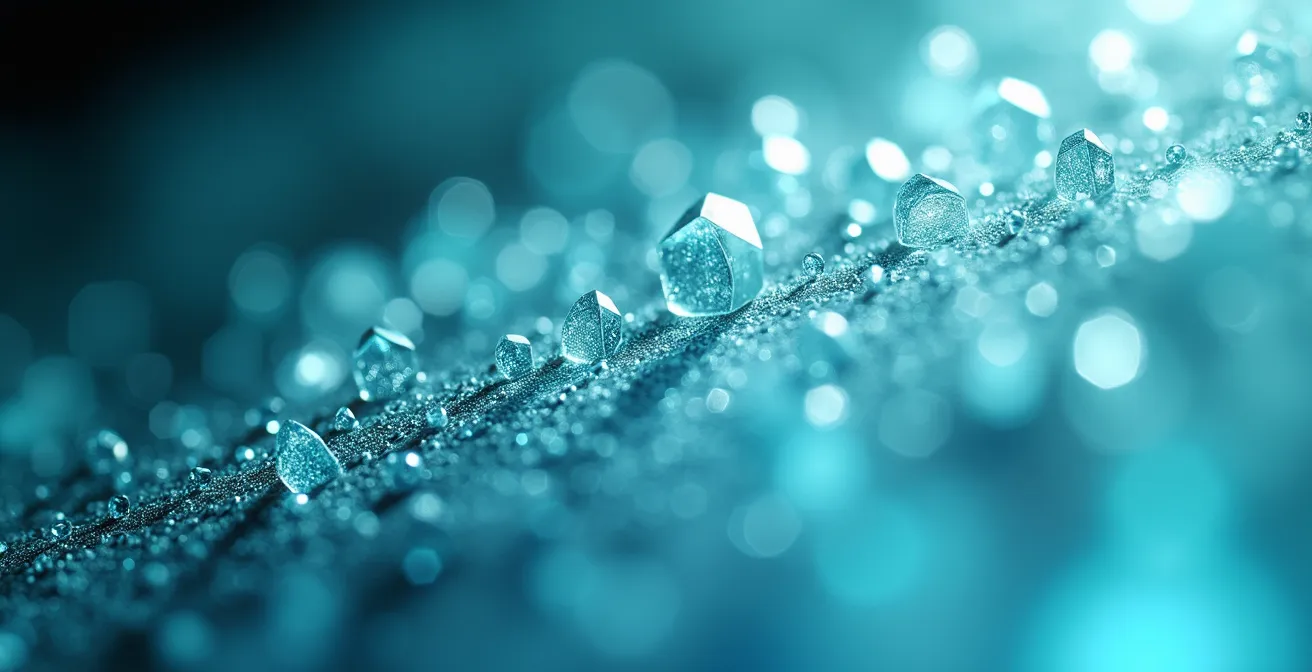 Macro photograph of a crystalline fingerprint pattern dissolving into geometric blockchain shapes