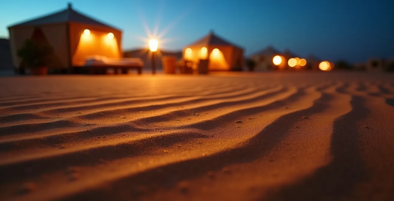 Luxury desert camp during blue hour with traditional Arabian tents and lanterns