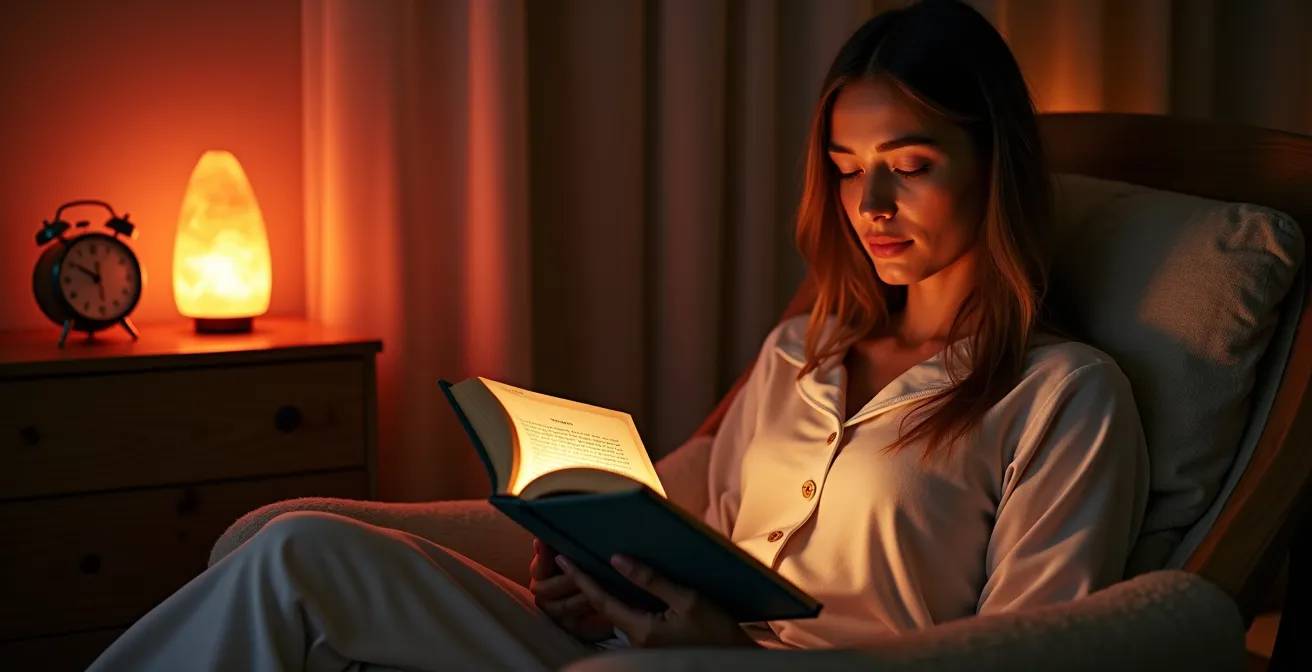 Person reading a book under warm red light in a minimalist bedroom setting