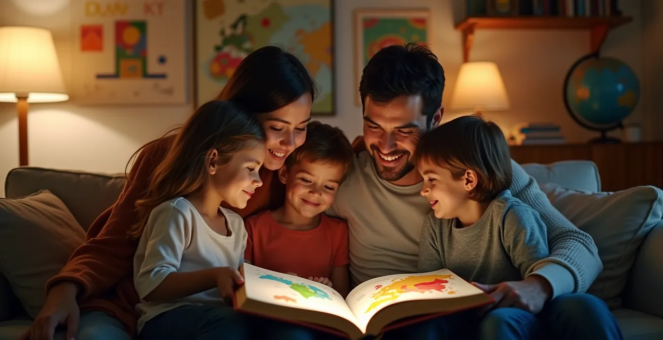 Parents and children gathered around illustrated travel book in warm living room