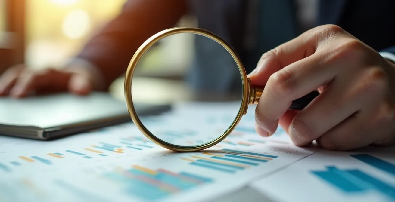 Human hand examining financial documents with magnifying glass showing detailed scrutiny