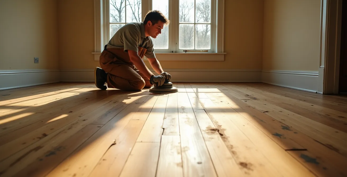 Split view showing floor sanding process and wall painting sequence in a historic room