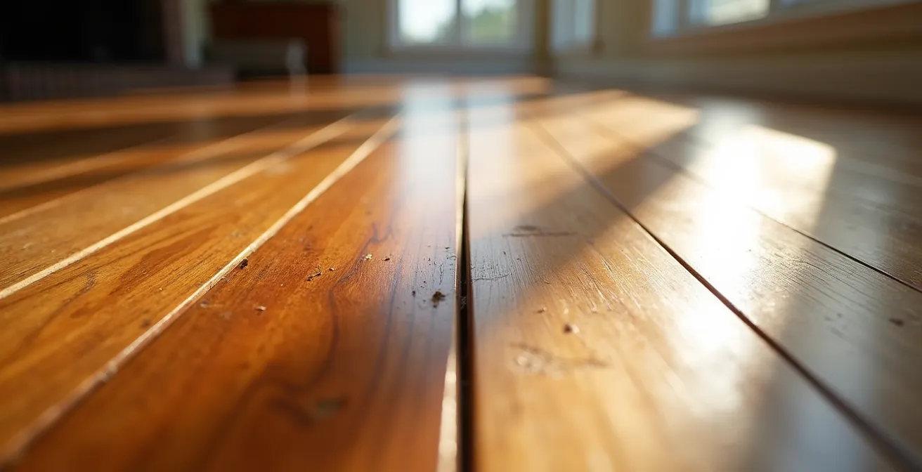 Split view showing worn wooden floor transitioning to beautifully refinished surface