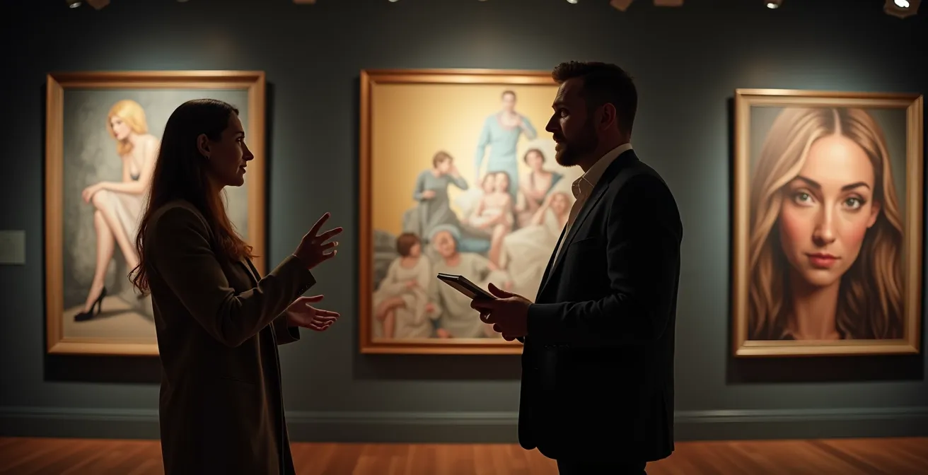 Gallery professional in conversation with visitor near contemporary paintings