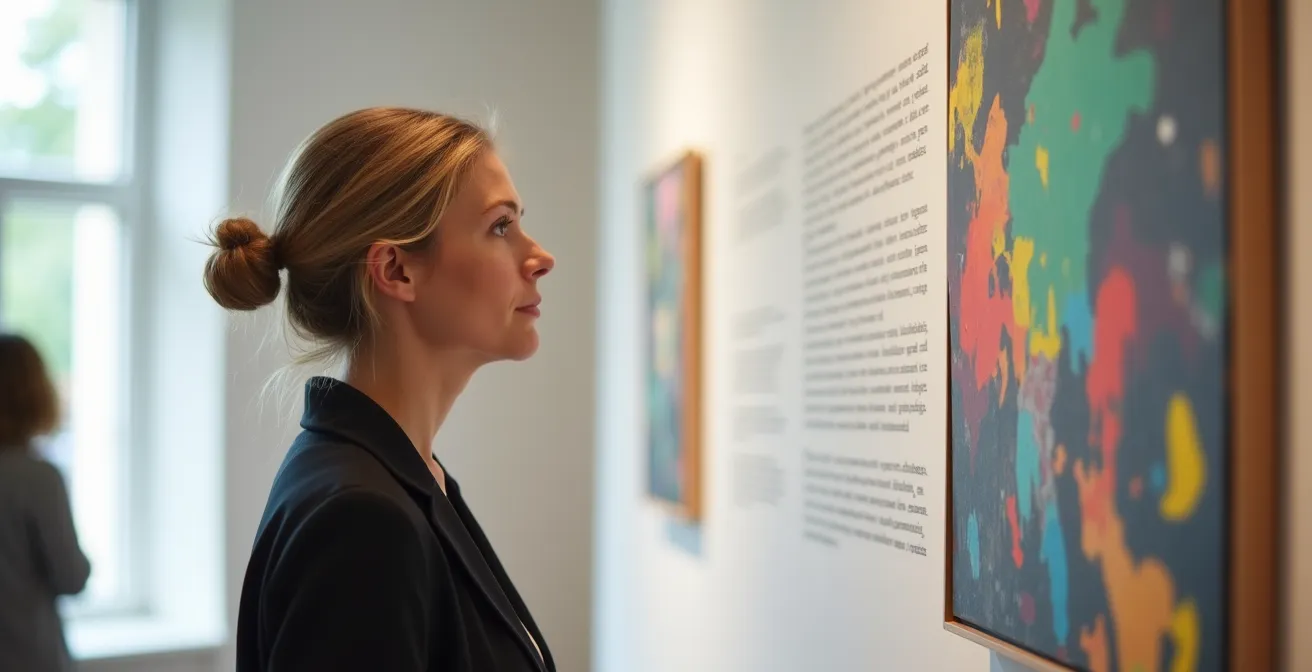 Close-up of person reading exhibition wall text beside abstract artwork
