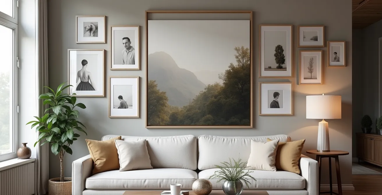 Professionally curated gallery wall showing varied frame sizes with strategic negative space