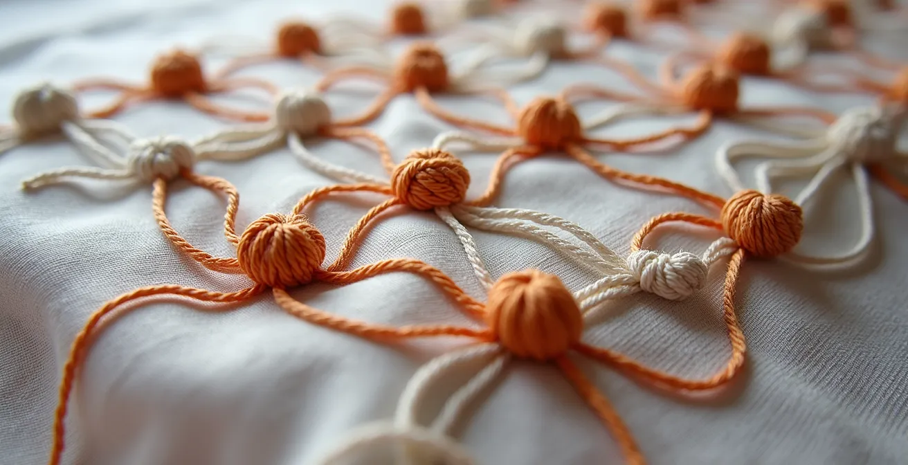 Macro view of hand-embroidered beading showing individual knots on fabric reverse
