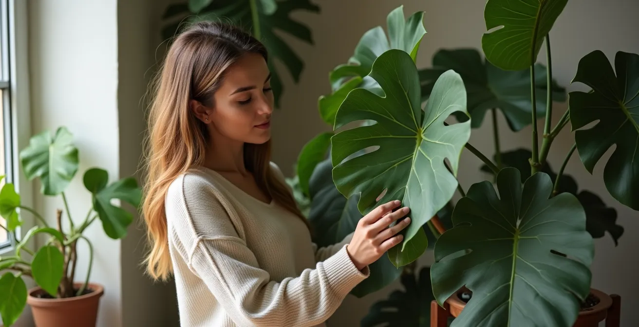 Person peacefully tending to indoor plants by window light in meditative moment