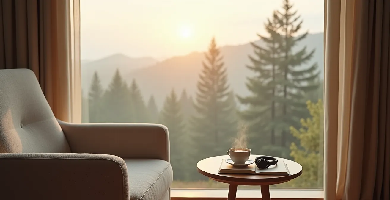 Peaceful hotel room corner with a reading nook overlooking a serene landscape.