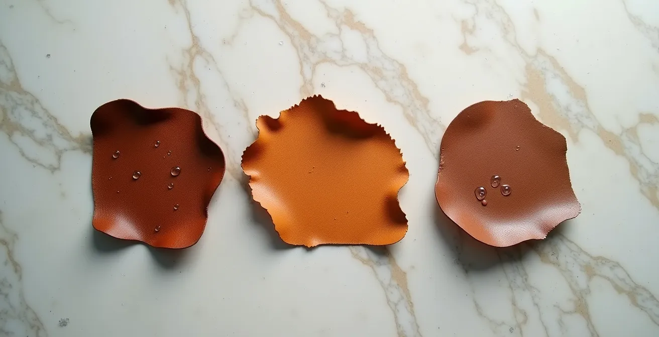 Close-up demonstration of water droplet behavior on different leather surfaces showing absorption patterns