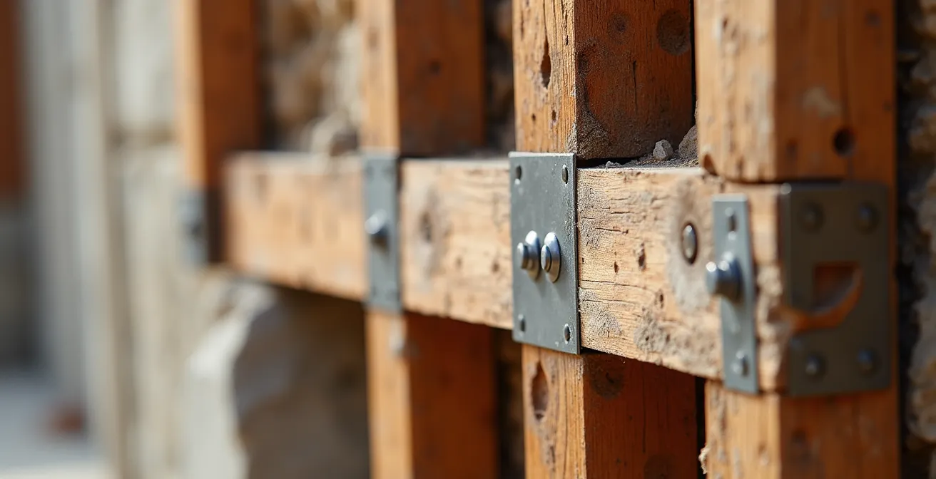 Architectural detail showing the intersection of wooden beams and joints, indicating a structural wall.