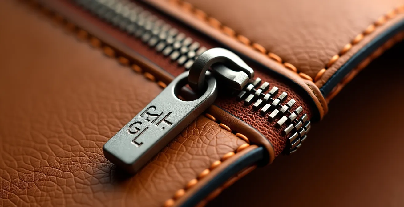 Macro shot of premium handbag zipper showing polished teeth and branded pull