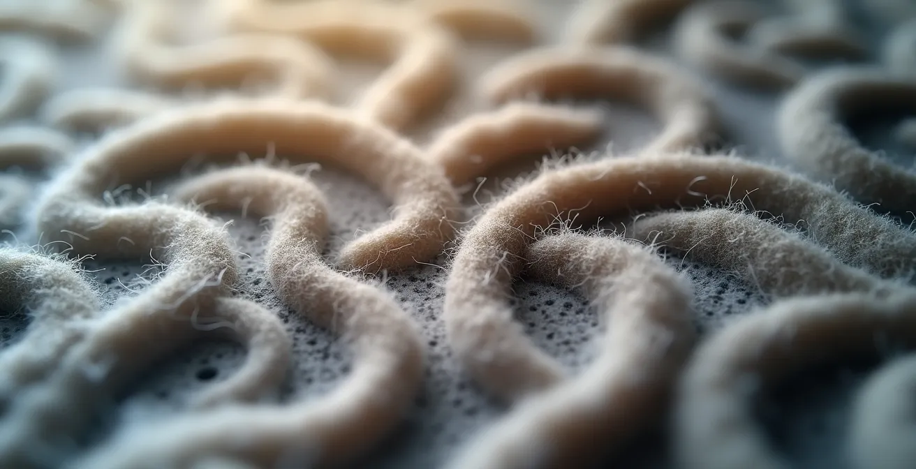 Extreme close-up of sound-absorbing felt wall texture with natural fibers creating peaceful acoustic environment