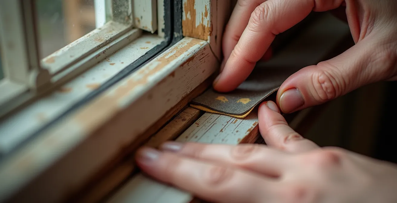 Extreme close-up of weatherstripping material being installed on window frame showing texture and proper placement
