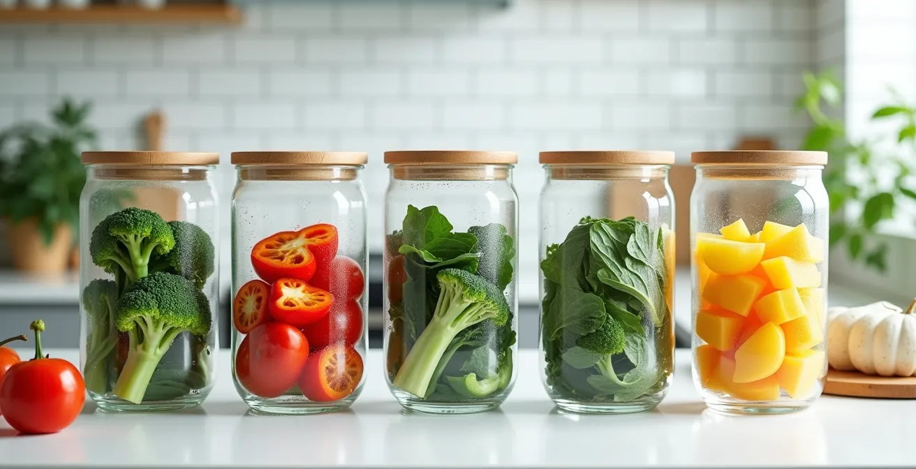 Glass containers with prepped vegetables showing proper storage technique