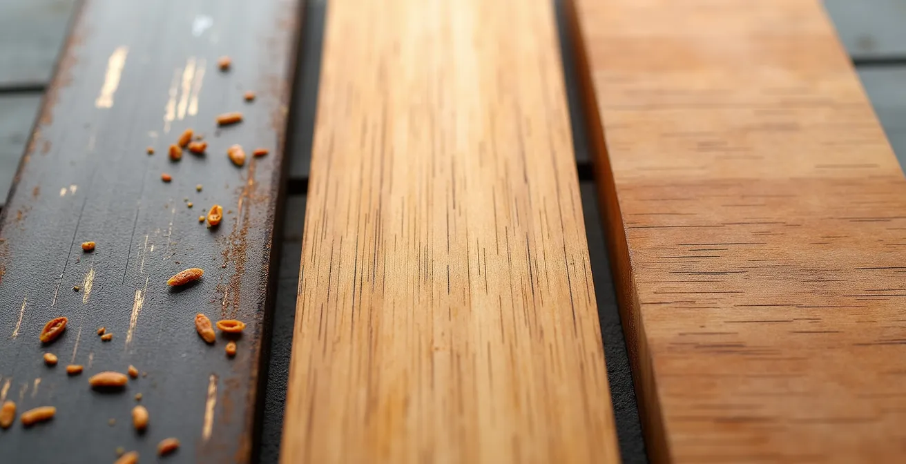Extreme close-up of cutting board surfaces showing texture differences between scarred plastic, smooth bamboo, and fine-grained hardwood.