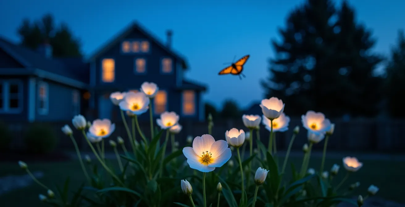 Evening primrose and moonflowers blooming at dusk with moths approaching
