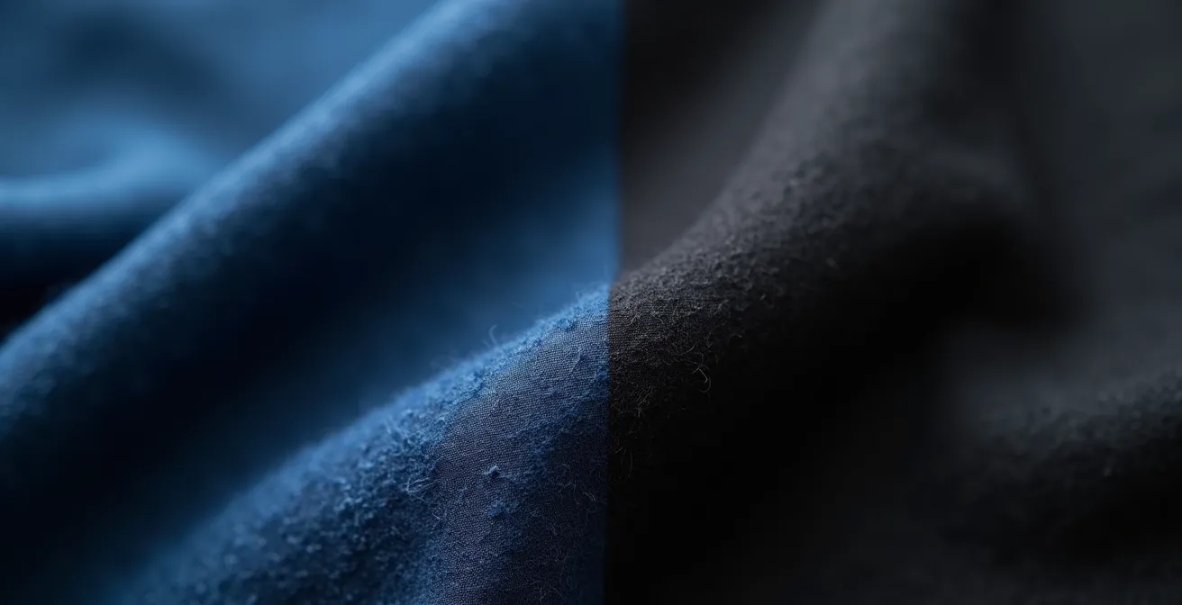 Close-up comparison of navy and black wool fabric textures under natural light