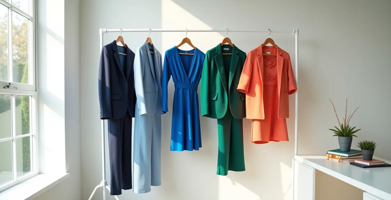 Minimalist office workspace showing professional clothing arranged in color gradient from calm Monday blues to vibrant Friday oranges