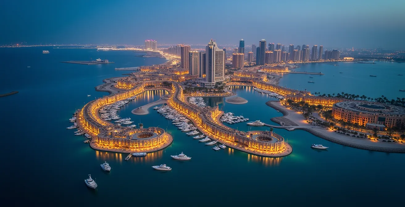 Aerial twilight view of Palm Jumeirah's exclusive beach clubs and restaurants
