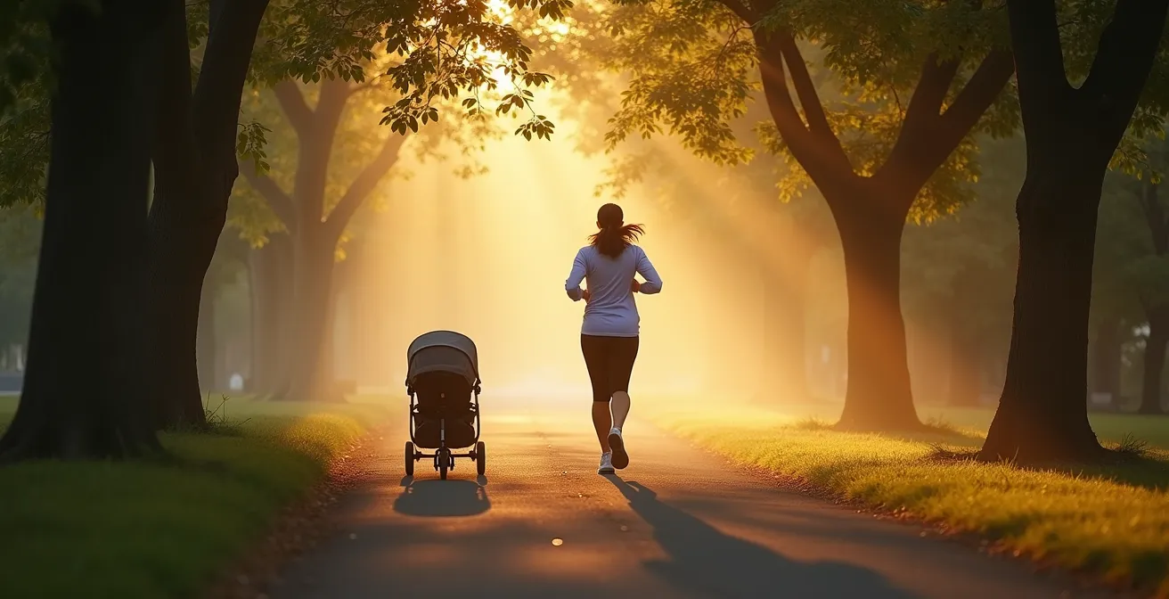 Parent jogging with stroller in peaceful park setting during morning exercise