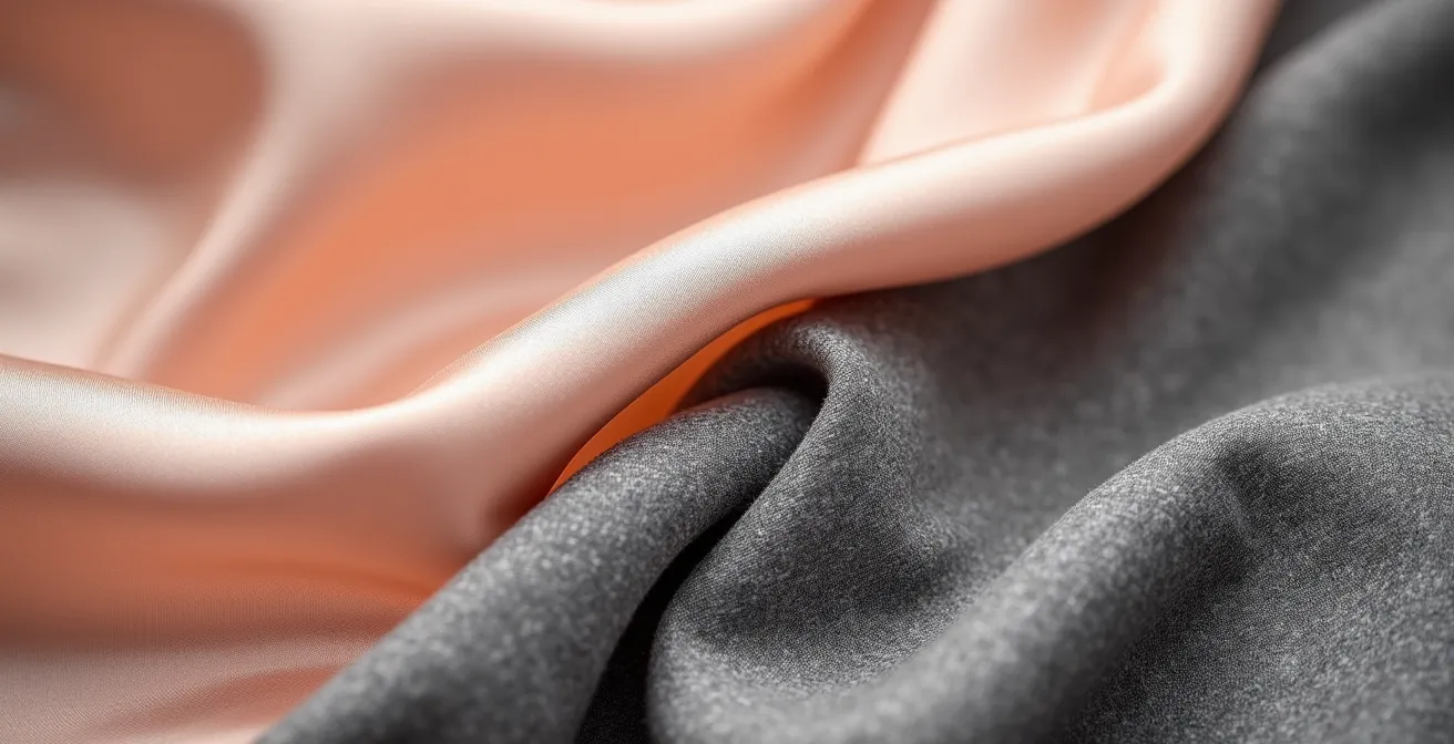 Macro shot of Peach Fuzz silk fabric overlapping with grey wool showing texture contrast