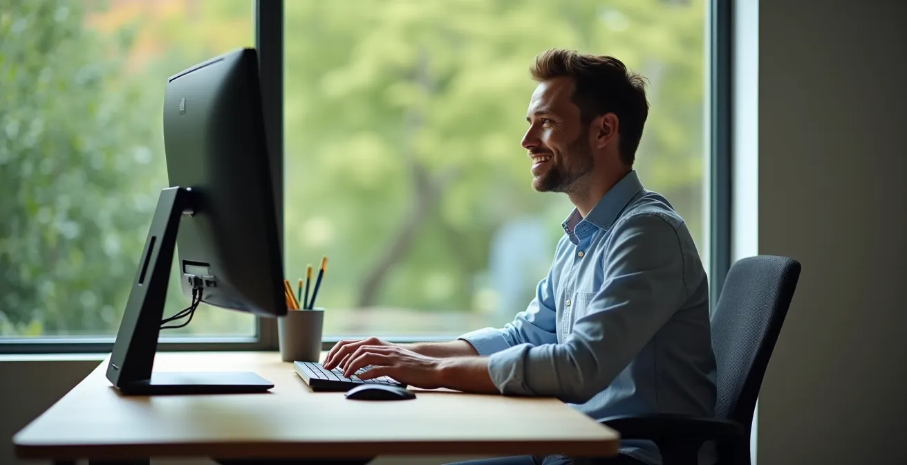 Home office setup with desk positioned perpendicular to window for optimal natural lighting