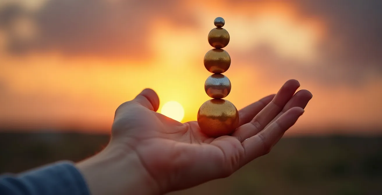 Human hand balancing golden spheres representing different asset classes against a dramatic sky
