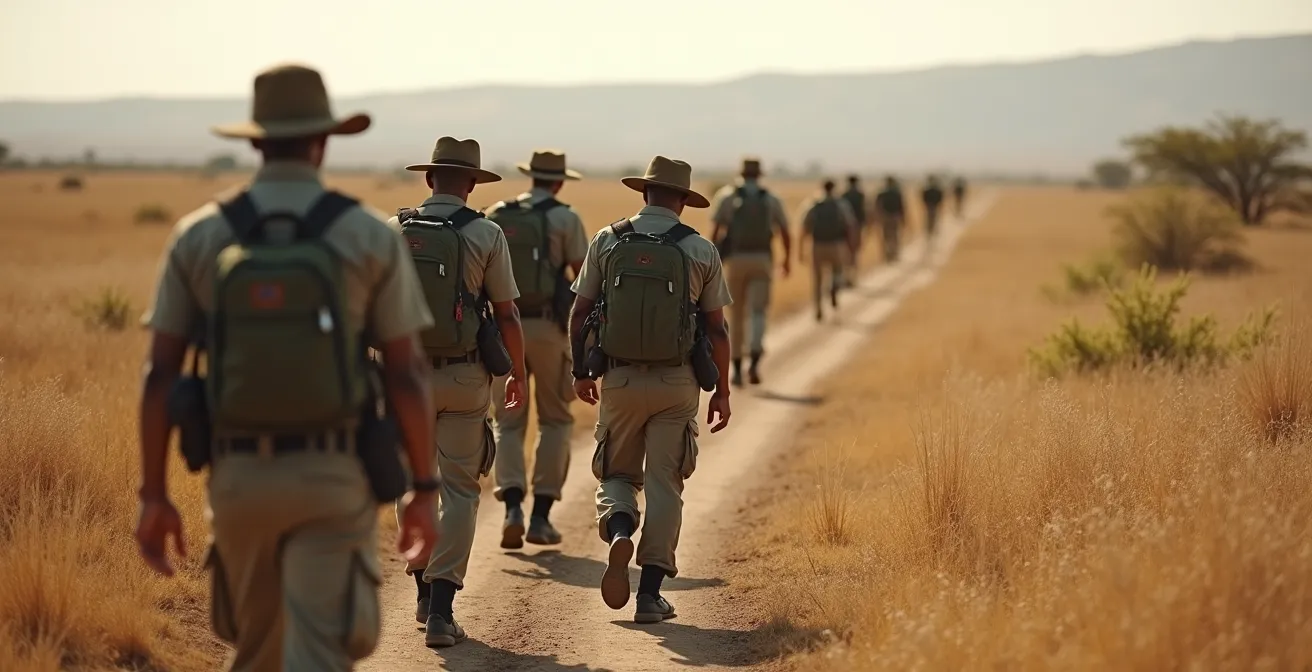 Wildlife rangers tracking through arid landscape during conservation patrol