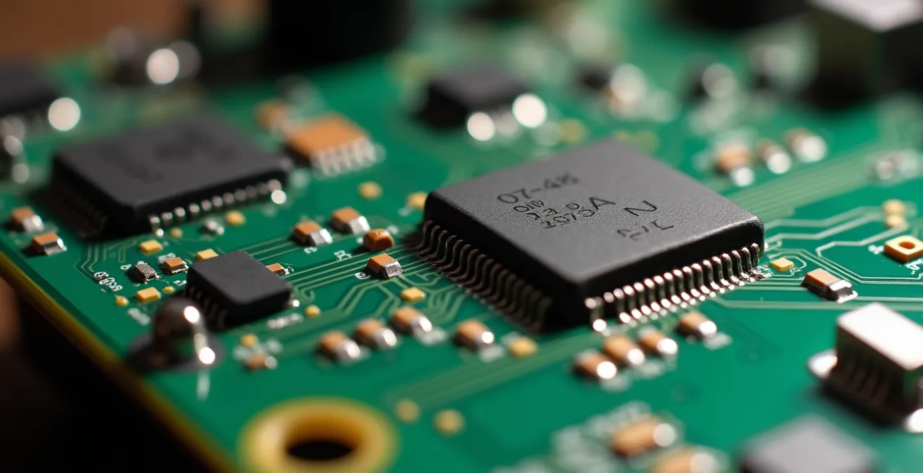 Extreme close-up macro shot of Raspberry Pi circuit board with subtle lighting highlighting the intricate electronic pathways