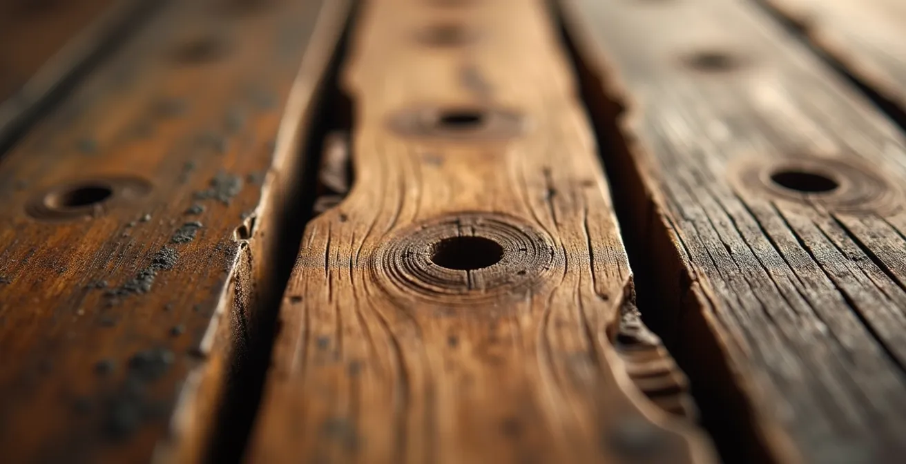 Close-up macro shot of reclaimed wood showing natural weathering patterns and grain structure