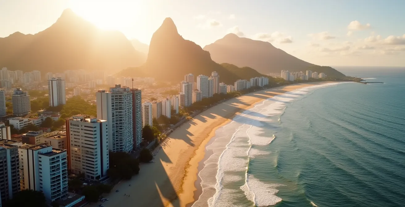 Aerial view of Rio's Zona Sul neighborhoods showing Copacabana and Ipanema beaches