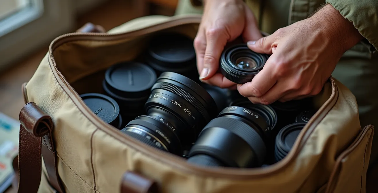 Close-up of photographer's hands organizing camera equipment in a soft-sided safari duffel bag
