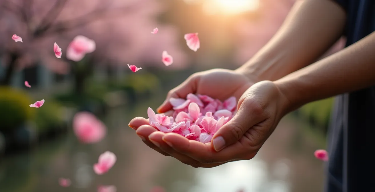 Cherry blossom petals falling onto a traditional Japanese garden pond with a stone lantern