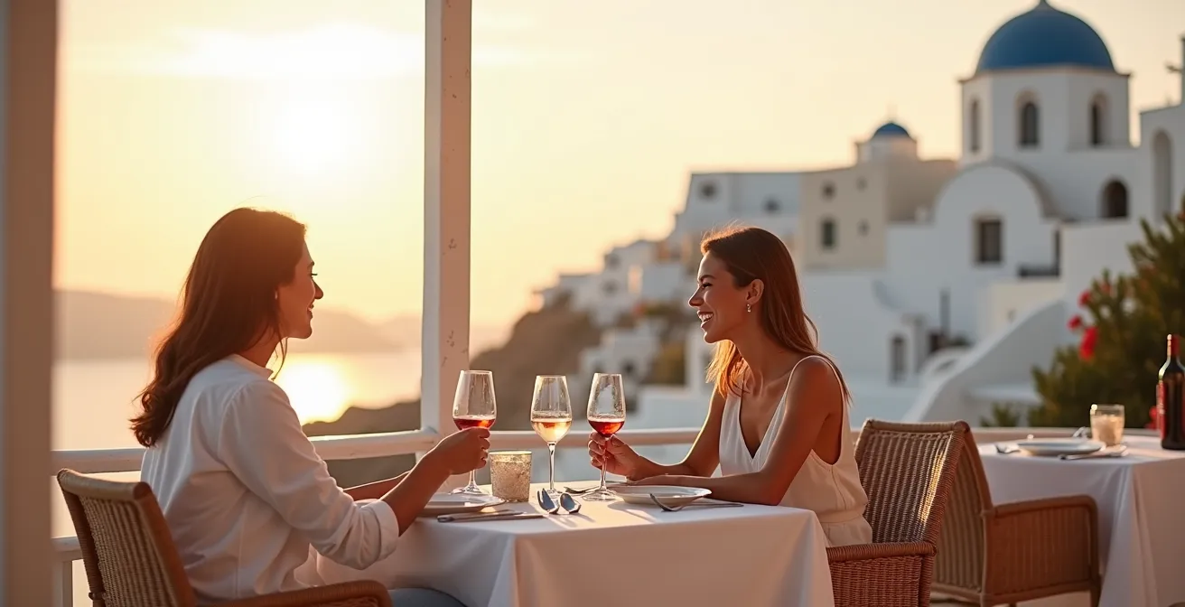 Empty restaurant terrace overlooking Santorini caldera during golden hour