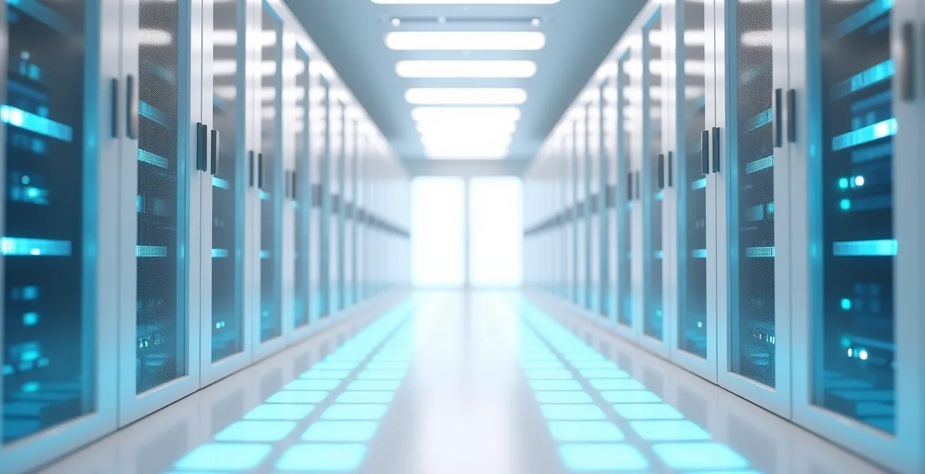 Wide environmental shot of a minimalist server room with geometric light patterns