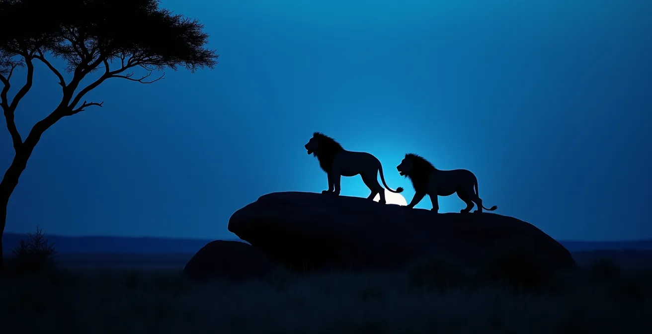 Lion pride silhouetted against pre-dawn blue sky on Serengeti horizon