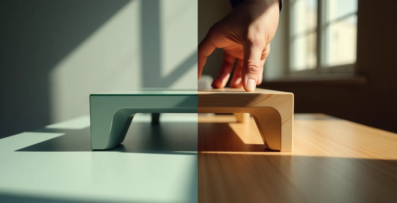 Close-up comparison of angular and curved furniture edges showing psychological impact